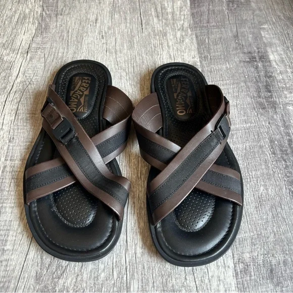 Salvatore Ferragamo Tolis Two-Tone Crisscross Sandals Brown Black Size 6